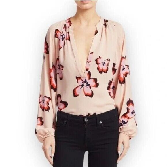 A.L.C Jules Floral Long Sleeve V-neck Silk Blouse Size 4 - Picture 1 of 10